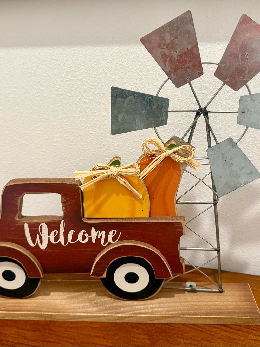 Wooden Red Welcome Truck with Orange and Yellow Pumpkins - Holiday Home Decor